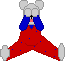 Pixelated cartoon bear in red overalls with blue polka dots, blue sleeves, white paws and ears, black nose, pink mouth; left pose covers eyes with hands, right pose raises arms.