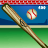 Pixelated baseball scene with bat, ball, and stadium background; red-and-white checkered border at top.