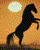 Pixelated static image of a black horse rearing against an orange gradient background with a large pale circular shape resembling a moon.