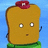 Pixelated character with golden-brown rectangular body, white eyes with brown pupils, small brown mouth, red top on head, green lower section, blue background.
