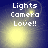 Four- of pixelated text 'Lights Camera Love!!' over blue backgrounds with yellow light effects, each showing distinct animation states