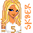 Pixel art of a blonde woman with blue eyes wearing a white top and brown shorts, standing against a split background.