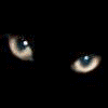 Animated sequence of stylized eyes with glowing green and blue irises against a black background, transitioning through multiple expressions.