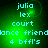 Green pixelated background with cyan text reading 'julia', 'lex', 'court', 'dance friend', '4 bfll's' arranged in vertical