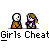 A 4x4 contact sheet of a pixel art animated icon showing two cartoon characters in various interactions with repeated text "Girls Cheat" and speech bubbles containing phrases like "I LOVE YOU", "I'LL BE BACK", "OKAY BABY", "HEY THERE", and "HEY".