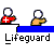 Pixelated lifeguard icon with red cross shirt, white head, blue platform, and text 'Lifeguard' below, showing animation changes including arm movement, head disappearance, and speech bubble.