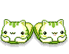 Pixelated green-and-white cat with striped head, multiple expressions including closed eyes and open mouth, arranged in on gray background