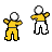 A contact sheet of 9 animated frames showing pixelated stick figures in yellow and white karate uniforms performing martial arts moves against a gray background, with text labels "Karate buddy" and "Coolbuddy" at the bottom right.