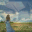 Animated sequence showing a figure in a blue dress standing in a field, with a large stone face in the foreground and a cloudy sky background.