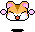 Pixel art hamster face with closed eyes, pink cheeks, and orange nose; four variations show different mouth shapes and floating pink orbs.