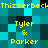 Pixelated image with repeating text elements on a teal and black checkered background, featuring yellow text in a retro digital style.