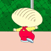 Animated sequence of a cartoon baby in red overalls and yellow shirt performing various poses against green chain-link fence background.