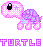 Pixelated pink and purple turtle icon with large eye, star detail on head, four legs, shell pattern, and "TURTLE" text below.