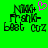Green background with black pixelated text reading 'Nikki+ Frank- Boot Coz' and a pink heart symbol above the right side of the text.