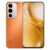 A static image of a smartphone with an orange gradient back and a glass front displaying a golden abstract pattern.
