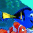 Blue fish with yellow tail and black stripe swims left of orange-and-white striped fish in pixelated underwater scene.