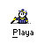 Pixel art character in blue and yellow outfit with unicorn horn, shown in multiple poses including seated, standing, and with a hat, all labeled 'Playa' below.
