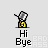 pixelated character icons with 'Hi Bye' text below each, featuring a gray helmeted figure in yellow clothing performing various poses against a light gray background