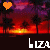 Pixelated sunset scene with palm trees, two heart icons above, and 'LIZA' text below in white and orange.