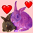 Animated contact sheet showing three frames of a purple rabbit and dark brown dog cuddling with red hearts on pink background, each frame displaying slight pose differences.