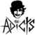 Two side-by-side animated frames of a buddy icon featuring a cartoon character with dark hair and bowler hat above stylized text, one frame in grayscale and the other in red tones.