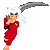 A 3x3 contact sheet of pixel art frames showing a character with white hair, yellow eyes, and red clothing holding a large curved scythe-like weapon against a gray background.