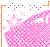 Pixelated icon with pink and purple gradient dress, orange corner borders, scattered magenta dots, and small gray squares on white background.