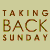 A 4x3 contact sheet of a pixelated animated icon featuring Taking Back Sunday promotional text and four identical figures holding signs, with frame-to-frame animation changes in the top-left corner text.