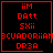 Red pixelated text on black background with four showing identical text and two distinct symbols in bottom-right corners