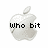 Pixelated white apple logo with bite mark, displaying text 'who bit the apple' and later three question marks on a white background.