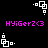Pixelated white geometric shapes on black background with pink text 'HYiGer2<3' repeated twice per frame.