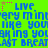 Pixelated text repeats across a bright green background with blue and pink accents, forming a dense wordwall of distorted phrases.