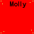 Red background with repeated 'Molly' text and scattered yellow dots, one gray rectangle in bottom-right corner.