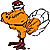 Animated orange chicken with red feet and white wings, wearing a striped hat, standing on one leg against a split background of teal and gray.