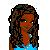 Pixelated portrait of a person with long dark hair, red face, and blue clothing against a light background.