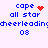 Pixelated text displays 'cape' with a red heart symbol, followed by 'all star', 'cheerleading', and '08' on a white background.