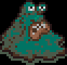 Pixelated teal and brown creature with large eyes and a checkered mouth, positioned against a black background.