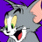 Pixelated cartoon cat face with gray fur, yellow eyes, green pupils, white muzzle, red mouth interior, and pink ear against solid purple background.