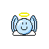 Pixelated angel icon with light blue circular head, white cloud base, yellow halo, and wings in two distinct wing styles.