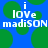 Blue background with green circles and white text reading "i love madison" in pixelated font.
