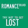 Green background with white pixelated text reading ROMANCE BLVD TRY NOT TO GET LOST in three lines.