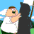 Animated contact sheet of Family Guy character Peter Griffin holding a silver trophy, with shadow figure and flag in background across 17 frames showing motion progression.