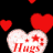 Animated sequence of red hearts and white heart-shaped icons with text on black background.