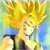 Pixelated image of a character with spiky yellow hair, blue clothing, and dark accents against a gradient background.