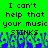 Green background with black pixelated text reading "I can't help that your music stinks" repeated twice, blue and green pixelated shapes at the bottom.