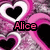 Pixelated pink and white heart pattern with black text reading 'Alice', 'Alice's', and 'Bella' over a textured background.