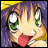 Anime-style character with green eyes and purple hair sticking out tongue, next to pixelated text on black background.