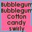 Pixelated pink background with cyan border displays repeated text "Bubblegum" and "Cotton candy swirly" in dark green, featuring a small blue heart symbol on the right side of one