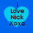 Four identical heart-shaped icons with blue background and black text reading "I Love Nick Xoxo" arranged in a