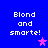 Blue background with white pixelated text "Blond and smarte!" and four pink/purple star icons in different positions.